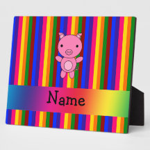 Personalized name pink pig rainbow stripes display plaque