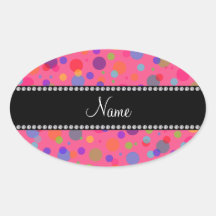 Personalized name pink rainbow polka dots oval sticker