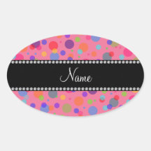 Personalized name pink rainbow polka dots oval stickers