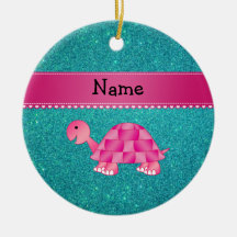 Personalized name pink turtle turquoise glitter christmas ornament