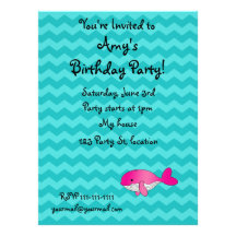 Personalized name pink whale turquoise chevrons invitations