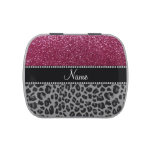 Personalized name plum glitter black leopard jelly belly tin at Zazzle