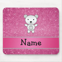 Personalized name polar bear pink glitter mousepad
