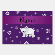 Personalized name polar bear purple snowflakes yard signs