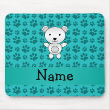 Personalized name polar bear turquoise paw pattern mousepad