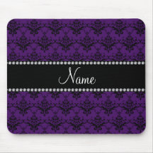 Personalized name Purple black damask Mouse Pad