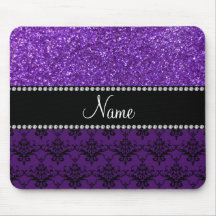 Personalized name purple glitter damask mousepads