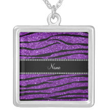 Personalized name purple glitter zebra stripes pendants