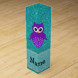 Personalized name purple owl turquoise glitter wine box