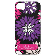 Personalized Name Purple Pink Flower Art on Black iPhone 5 Cover