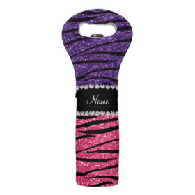 Personalized name purple pink glitter zebra stripe wine bags