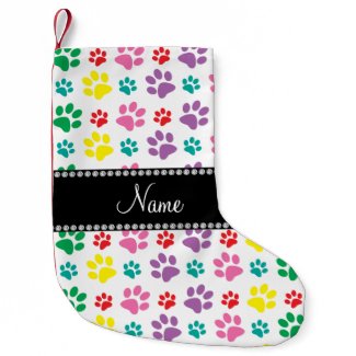 Personalized name rainbow dog paw prints small christmas stocking