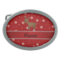 Personalized name reindeer red snowflakes stars oval belt buckle