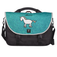 Personalized name retro unicorn turquoise glitter commuter bag