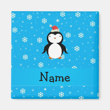 Personalized name santa penguin blue snowflakes fridge magnet