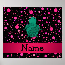 Personalized name sea turtle black pink polka dots poster