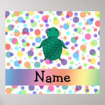 Personalized name sea turtle rainbow polka dots posters