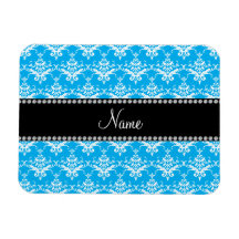 Personalized name sky blue white damask rectangular magnets