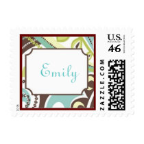 Personalized name stamp, turquoise, brown, floral
