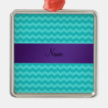 Personalized name turquoise chevrons purple stripe christmas ornaments