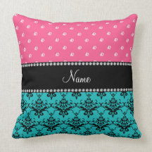 Personalized name turquoise damask pink diamonds pillows