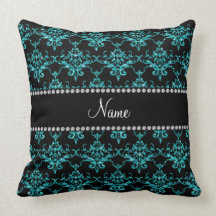 Personalized name turquoise glitter damask pillow