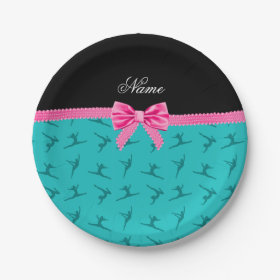 Personalized name turquoise gymnastics pink bow 7 inch paper plate