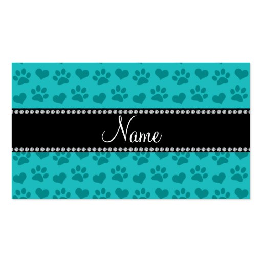 Personalized name turquoise hearts and paw prints business card templates (front side)