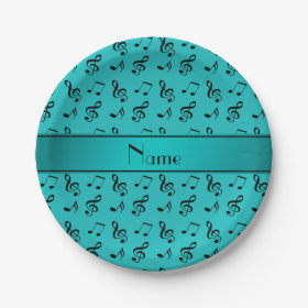 Personalized name turquoise music notes 7 inch paper plate