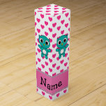 Personalized name turquoise owl pink stars wine gift box