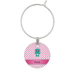 Personalized name turquoise owl pink stars wine glass charm