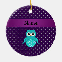 Personalized name turquoise owl purple diamonds christmas tree ornaments