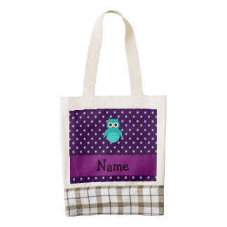 Personalized name turquoise owl purple diamonds zazzle HEART tote bag