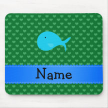 Personalized name turquoise whale green hearts mouse pads