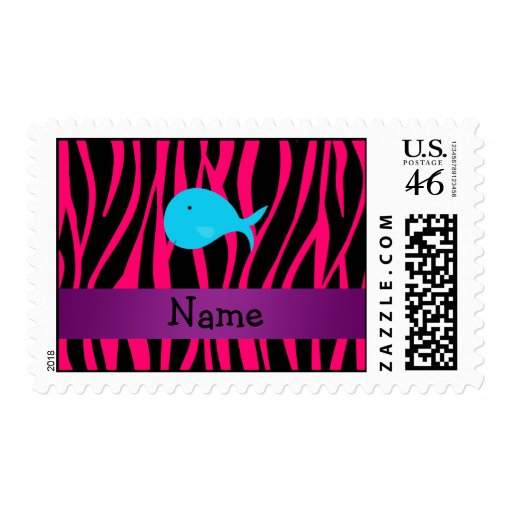 Personalized name turquoise whale pink zebra postage stamps