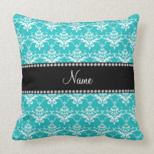 Personalized name turquoise white damask pillow
