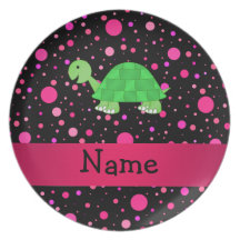 Personalized name turtle pink polka dots dinner plate