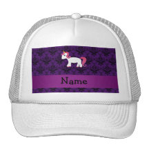 Personalized name unicorn purple damask mesh hats