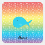 Personalized name whale rainbow hearts square stickers