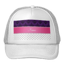 Personalized name white diamond purple damask trucker hats