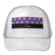 Personalized name white diamonds purple damask trucker hats