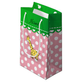 Personalized name yellow giraffe pink polka dots small gift bag
