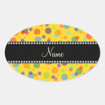 Personalized name yellow rainbow polka dots oval sticker