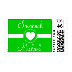 Personalized Names Heart Green Wedding Stamps
