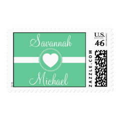 Personalized Names Heart Sage Green Wedding Stamps