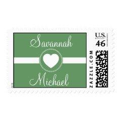 Personalized Names Heart Sage Green Wedding Stamps