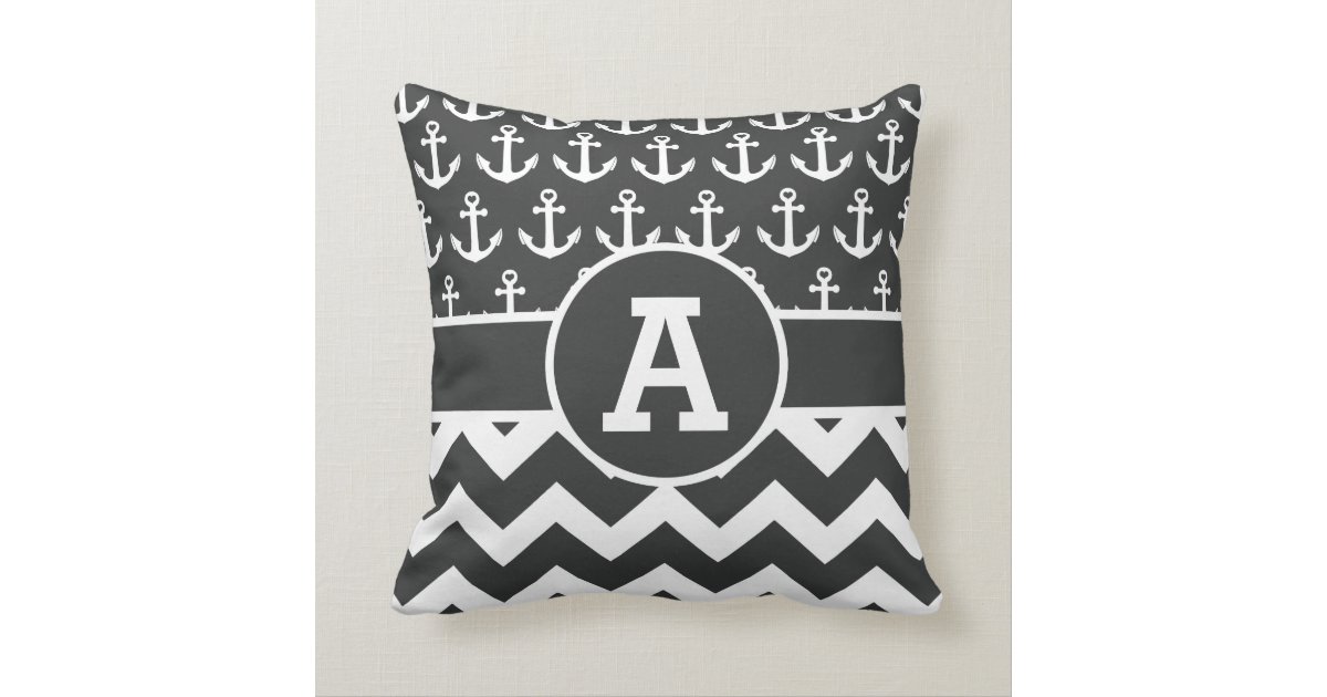 Personalized Nautical Black White Chevron Anchors Throw Pillow Zazzle