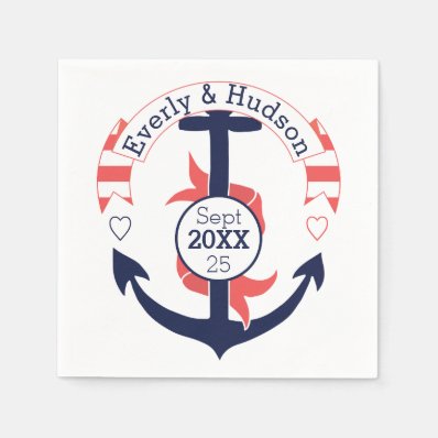 Personalized Nautical Navy Coral Wedding Anchor Napkin