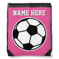 Personalized neon pink girls soccer drawstring bag