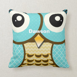 Personalized New Baby Boy's Room Cute Aqua Owl Throw Pillows